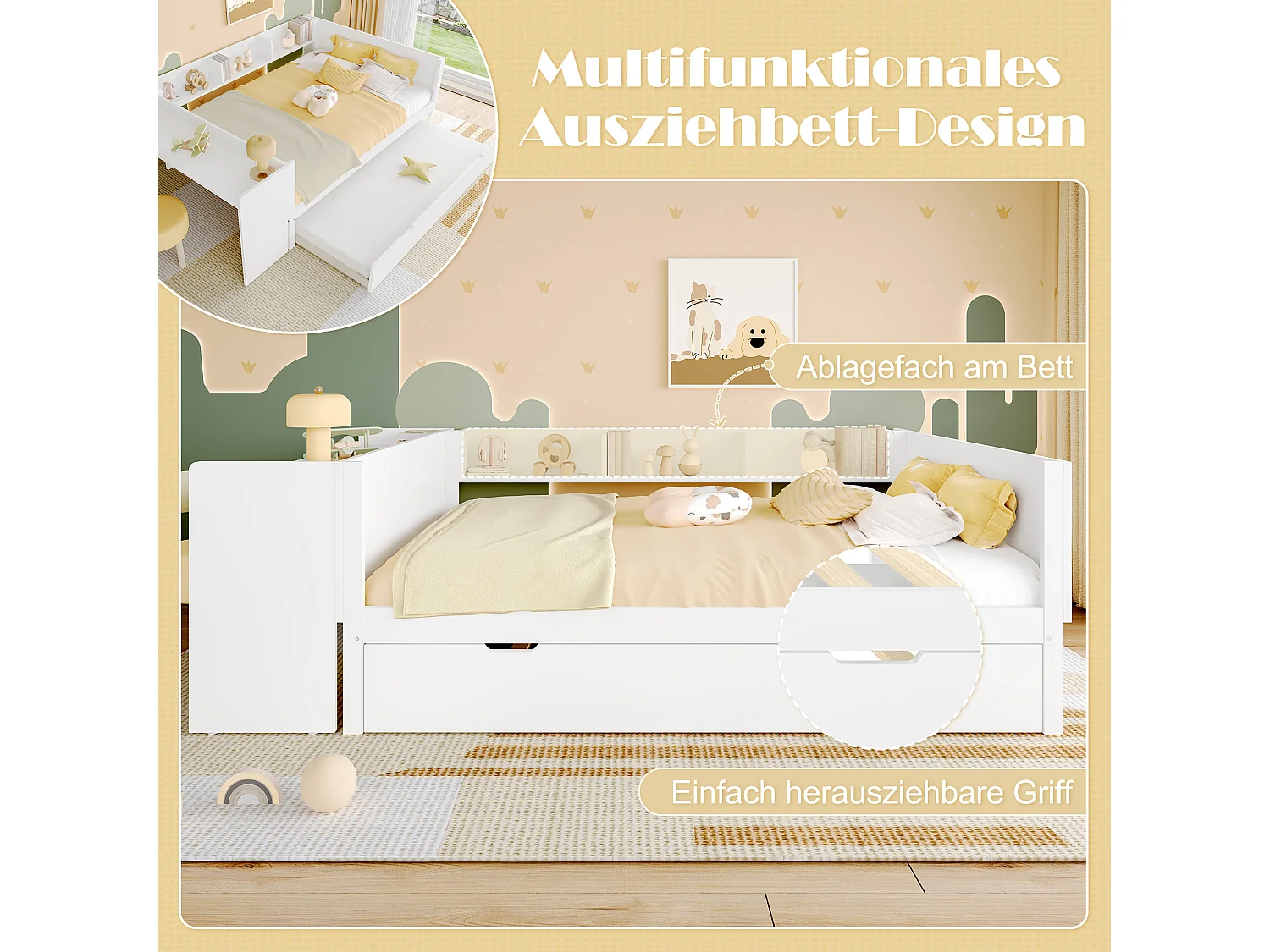 Bed met bureau, lade en planken, grenenhout, wit (140x200 cm)