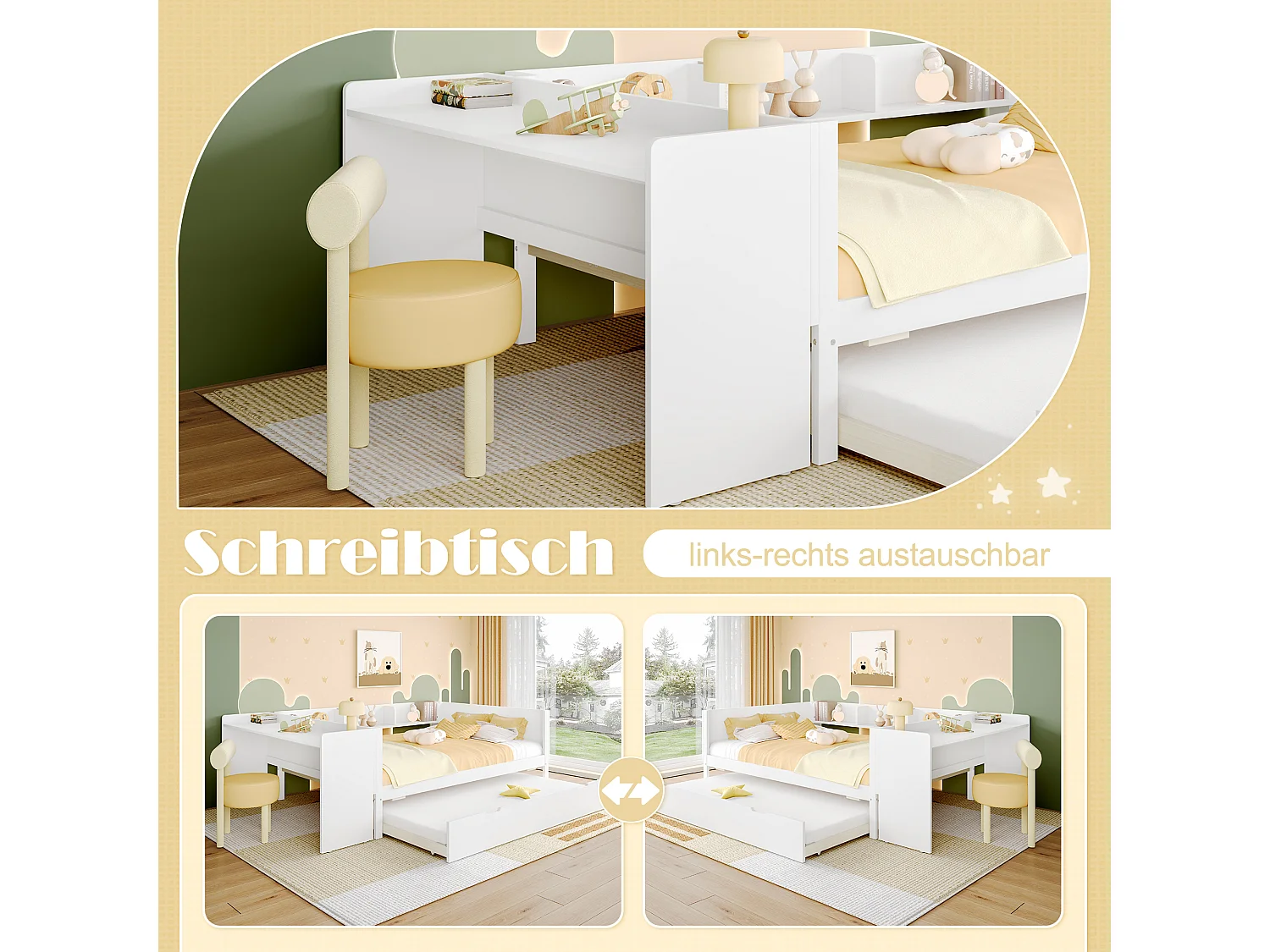 Bed met bureau, lade en planken, grenenhout, wit (140x200 cm)