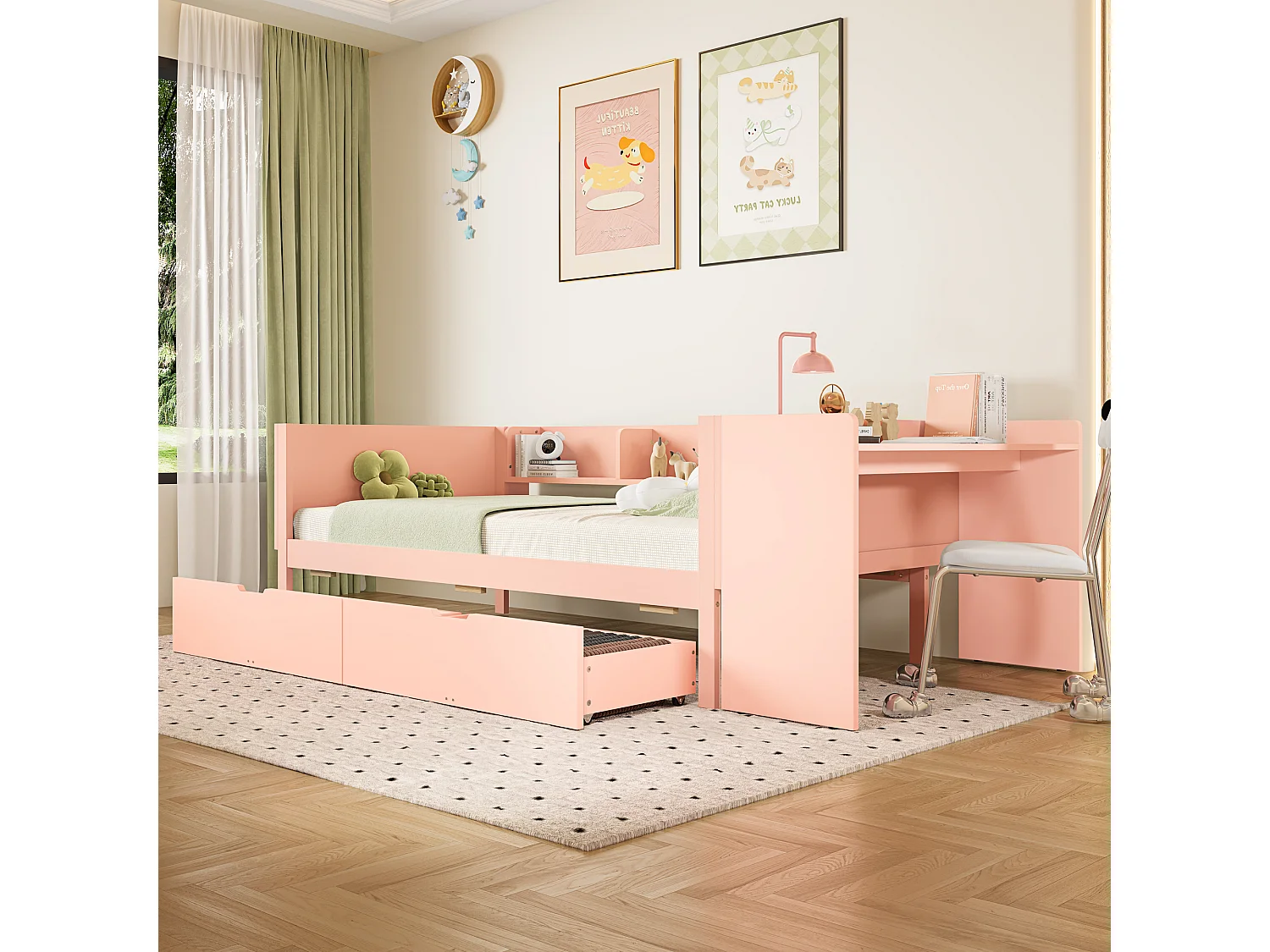 Cama plana con escritorio, cajones y estantes, madera de pino, rosa (90x200 cm)