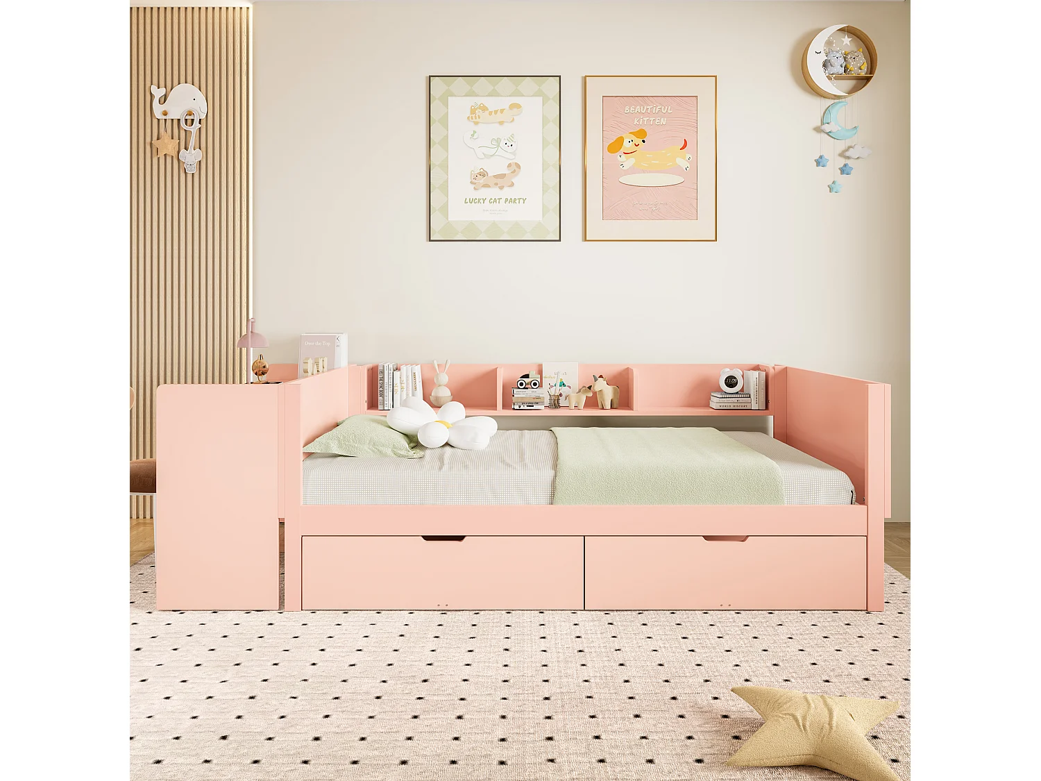 Cama plana con escritorio, cajones y estantes, madera de pino, rosa (90x200 cm)