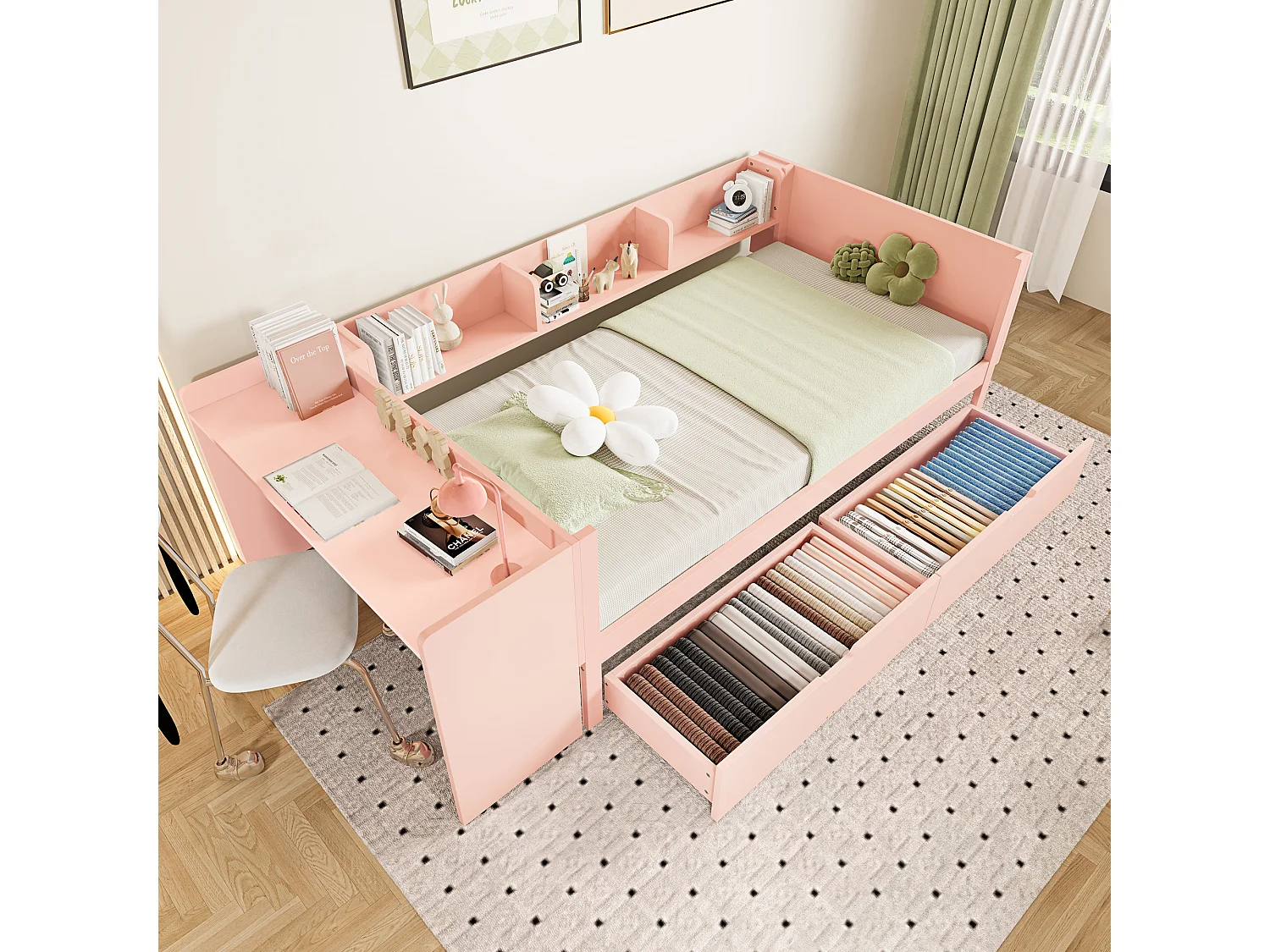 Cama plana con escritorio, cajones y estantes, madera de pino, rosa (90x200 cm)