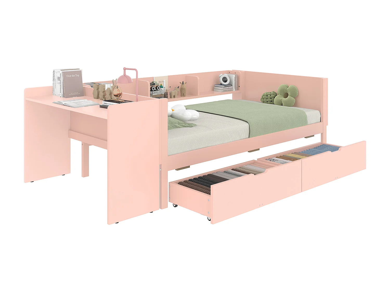 Cama plana con escritorio, cajones y estantes, madera de pino, rosa (90x200 cm)