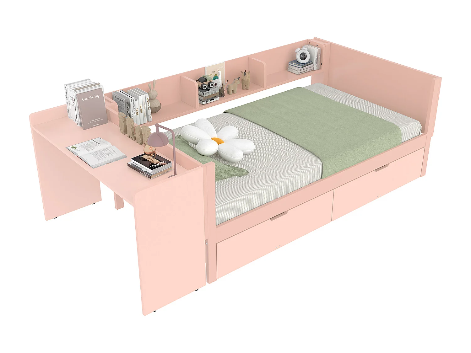 Cama plana con escritorio, cajones y estantes, madera de pino, rosa (90x200 cm)