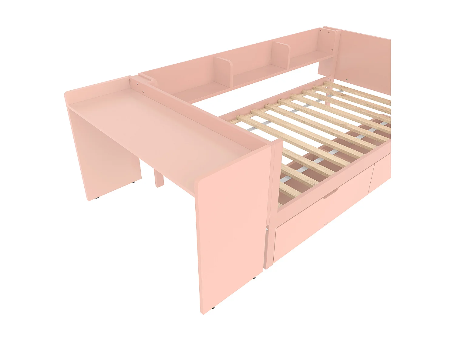 Cama plana con escritorio, cajones y estantes, madera de pino, rosa (90x200 cm)