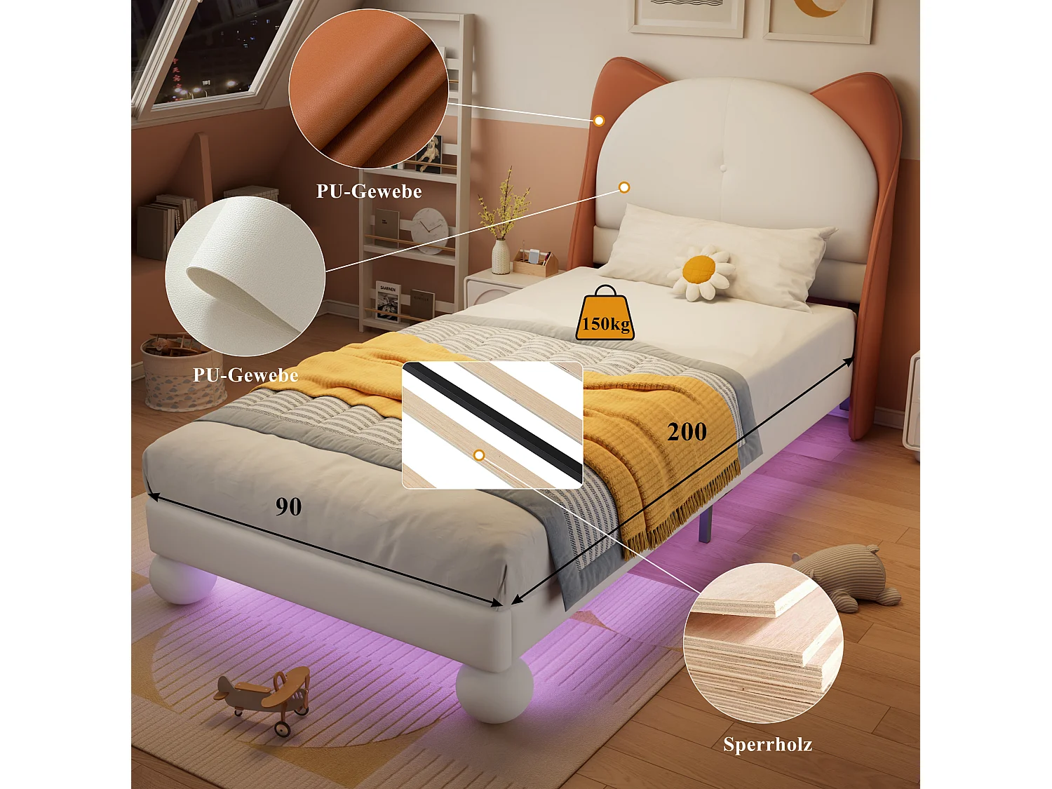 Lit enfant avec tête de lit en oreilles de chat, LED coloris ajustables sous le lit, cadre en PU, beige et brun clair, 90x200 cm