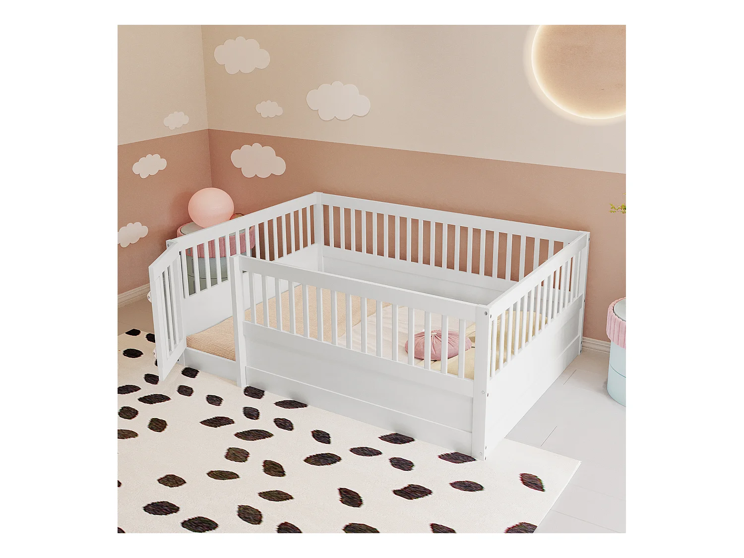 Lit 140x200 cm avec cadre en bois, grille de protection et porte, blanc (205x145x60 cm)