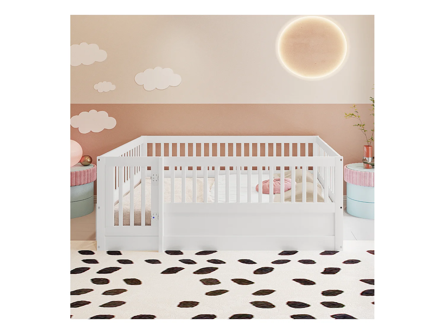 Lit 140x200 cm avec cadre en bois, grille de protection et porte, blanc (205x145x60 cm)