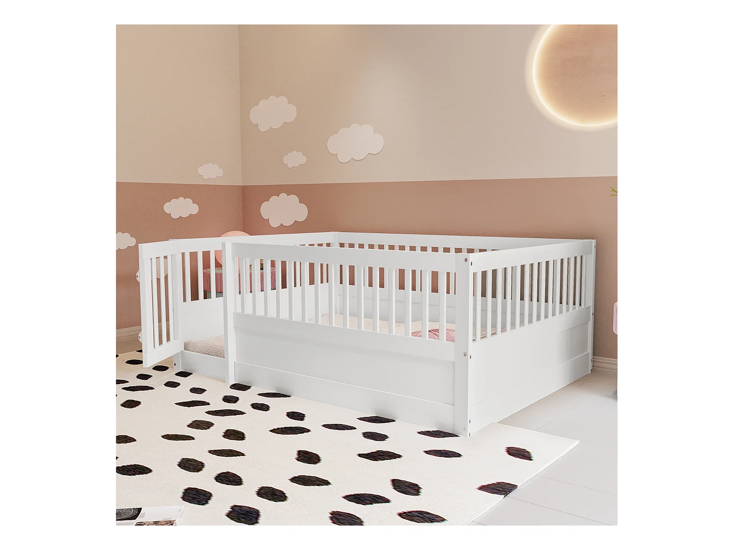 Lit 140x200 cm avec cadre en bois, grille de protection et porte, blanc (205x145x60 cm)