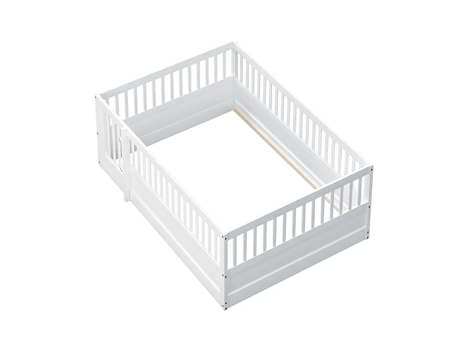 Lit 140x200 cm avec cadre en bois, grille de protection et porte, blanc (205x145x60 cm)