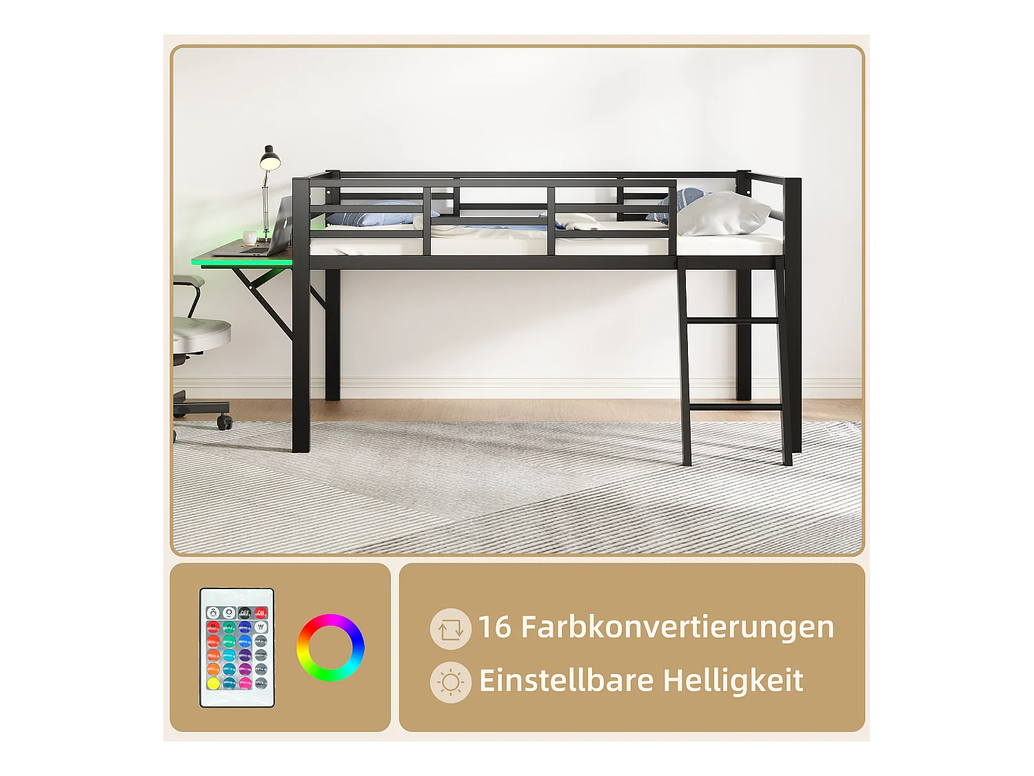 Lit métallique avec bureau intégré, 90 x 200 cm, sans matelas, avec barrière de sécurité, échelle, et bande LED télécommandée, noir (244x94x100 cm)