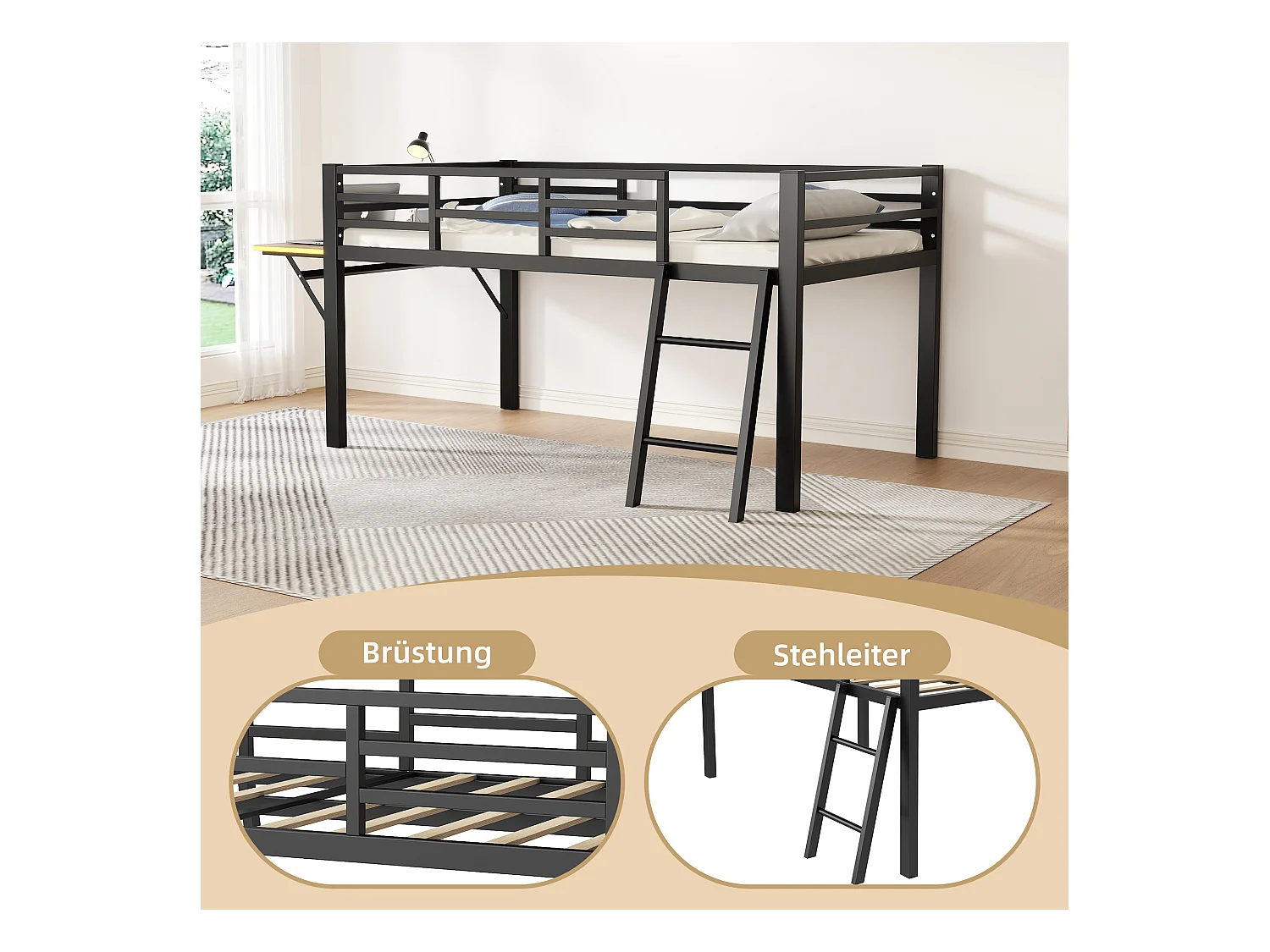 Lit métallique avec bureau intégré, 90 x 200 cm, sans matelas, avec barrière de sécurité, échelle, et bande LED télécommandée, noir (244x94x100 cm)