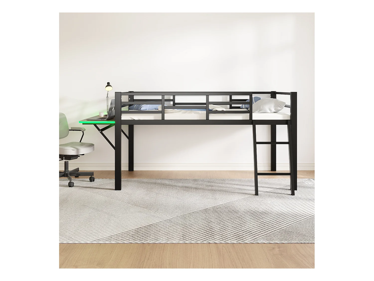 Lit métallique avec bureau intégré, 90 x 200 cm, sans matelas, avec barrière de sécurité, échelle, et bande LED télécommandée, noir (244x94x100 cm)