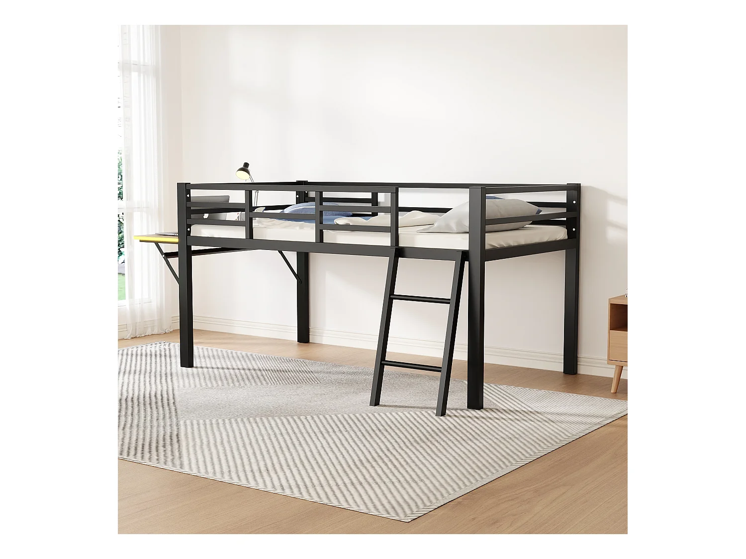 Lit métallique avec bureau intégré, 90 x 200 cm, sans matelas, avec barrière de sécurité, échelle, et bande LED télécommandée, noir (244x94x100 cm)