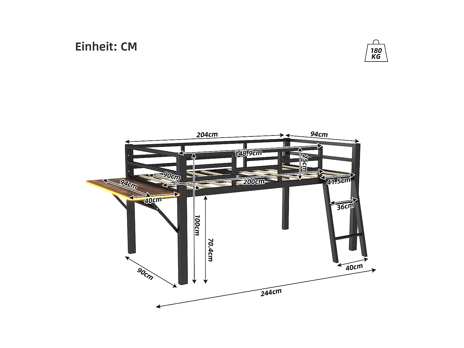 Lit métallique avec bureau intégré, 90 x 200 cm, sans matelas, avec barrière de sécurité, échelle, et bande LED télécommandée, noir (244x94x100 cm)
