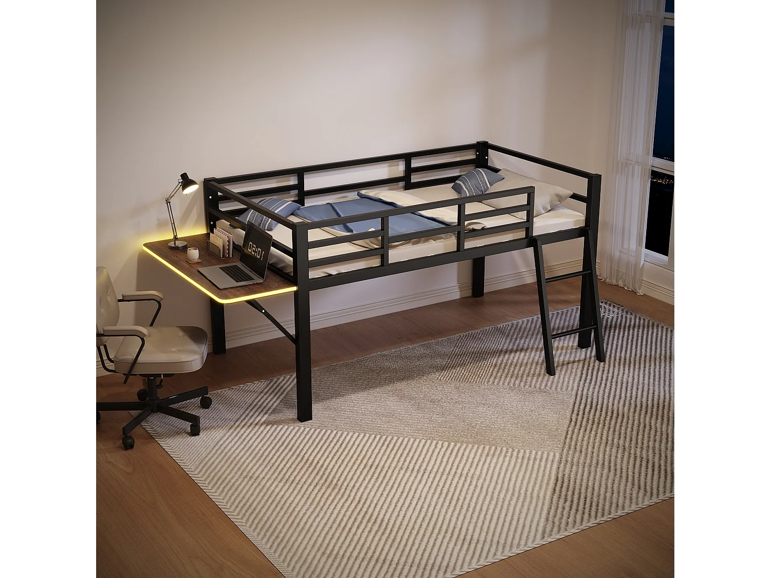 Lit métallique avec bureau intégré, 90 x 200 cm, sans matelas, avec barrière de sécurité, échelle, et bande LED télécommandée, noir (244x94x100 cm)