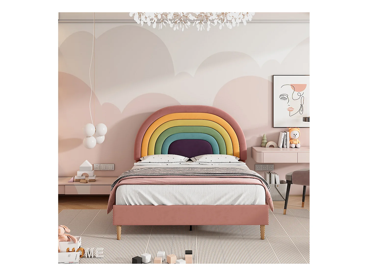 Fluwelen bed 140x200, met hoofdbord en lattenbodem, in hoogte verstelbaar hoofdbord, Rosa (140x200x117,5 cm)