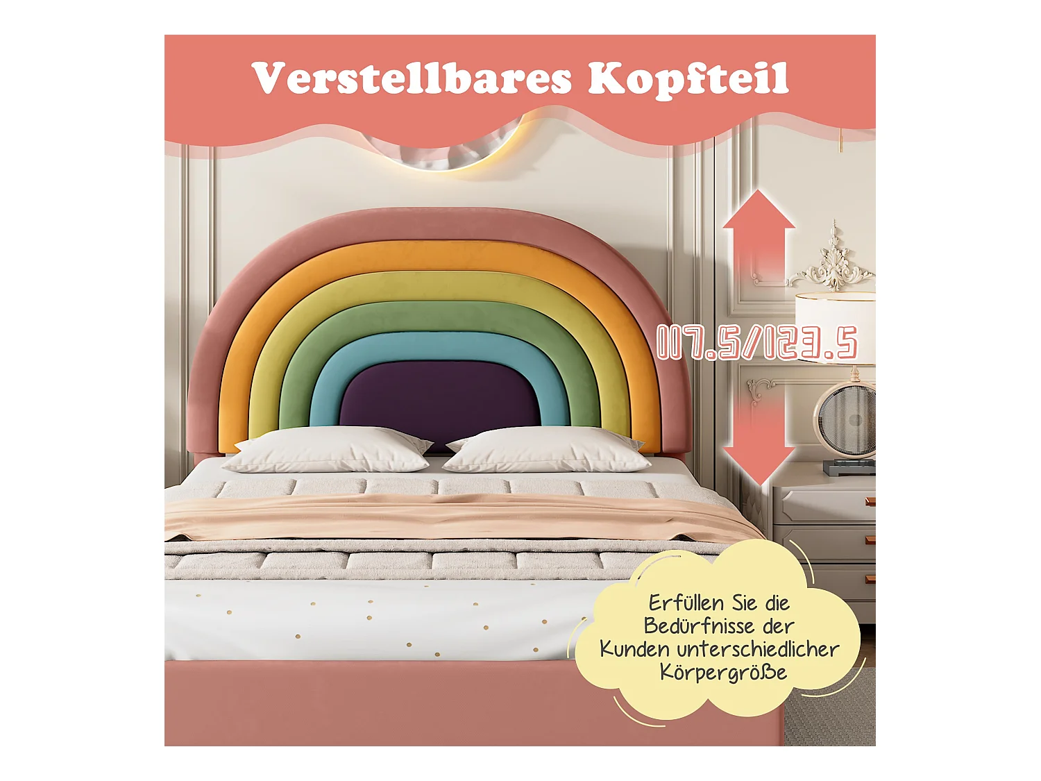 Fluwelen bed 140x200, met hoofdbord en lattenbodem, in hoogte verstelbaar hoofdbord, Rosa (140x200x117,5 cm)