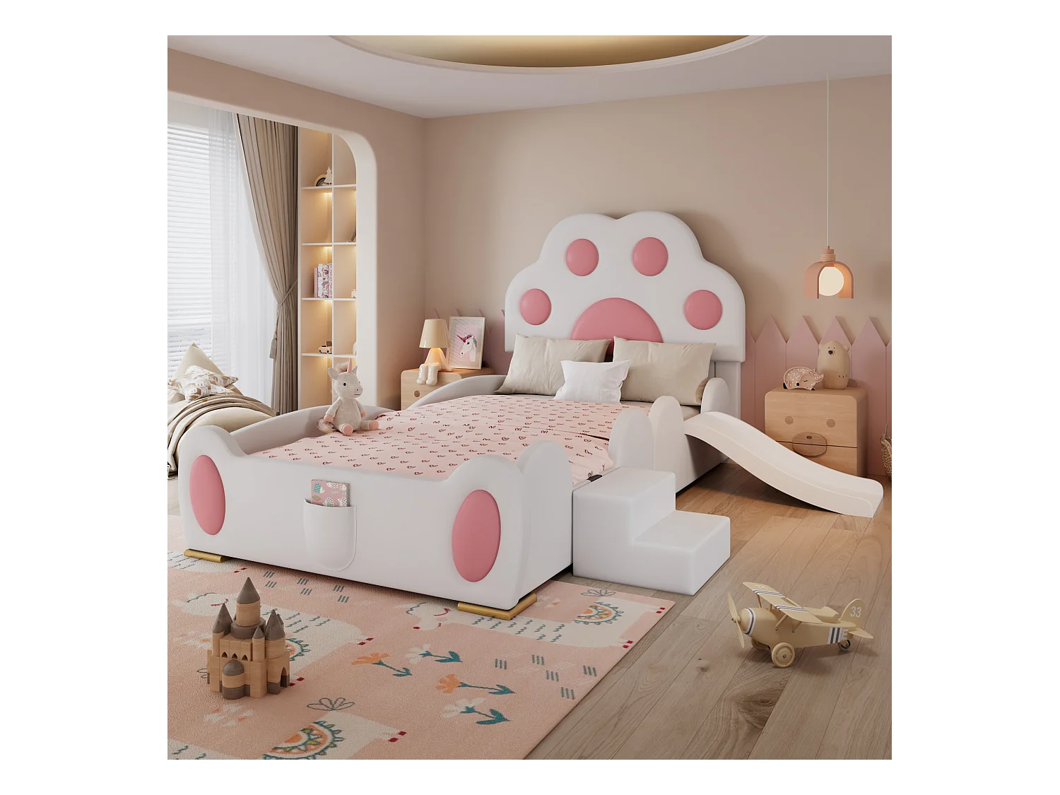 Lit enfant avec tête de lit en forme de patte de chat, avec toboggan et échelle à 2 marches, PU, Blanc et Rose (210x176x97 cm)