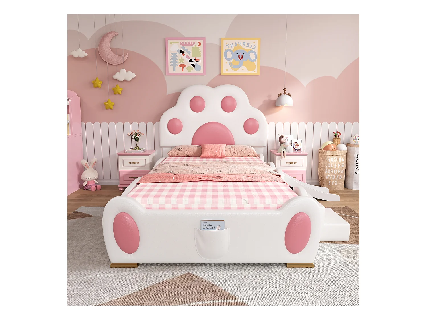 Lit enfant avec tête de lit en forme de patte de chat, avec toboggan et échelle à 2 marches, PU, Blanc et Rose (210x176x97 cm)
