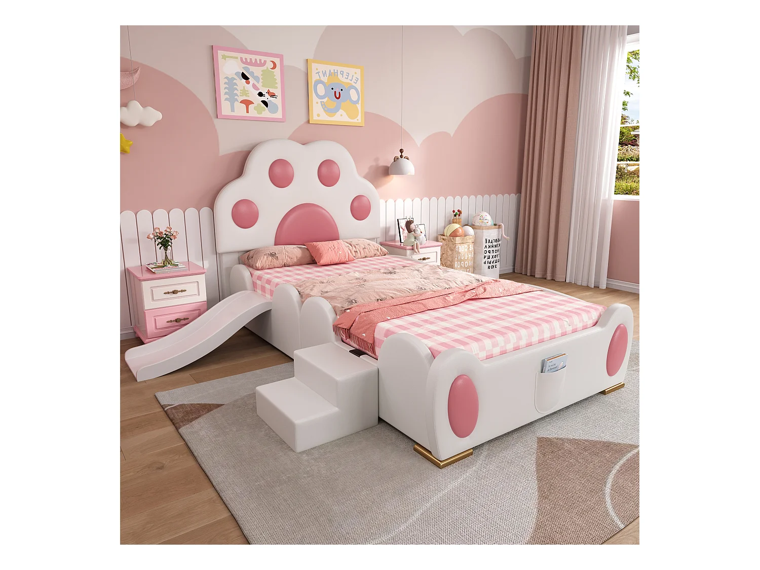 Lit enfant avec tête de lit en forme de patte de chat, avec toboggan et échelle à 2 marches, PU, Blanc et Rose (210x176x97 cm)