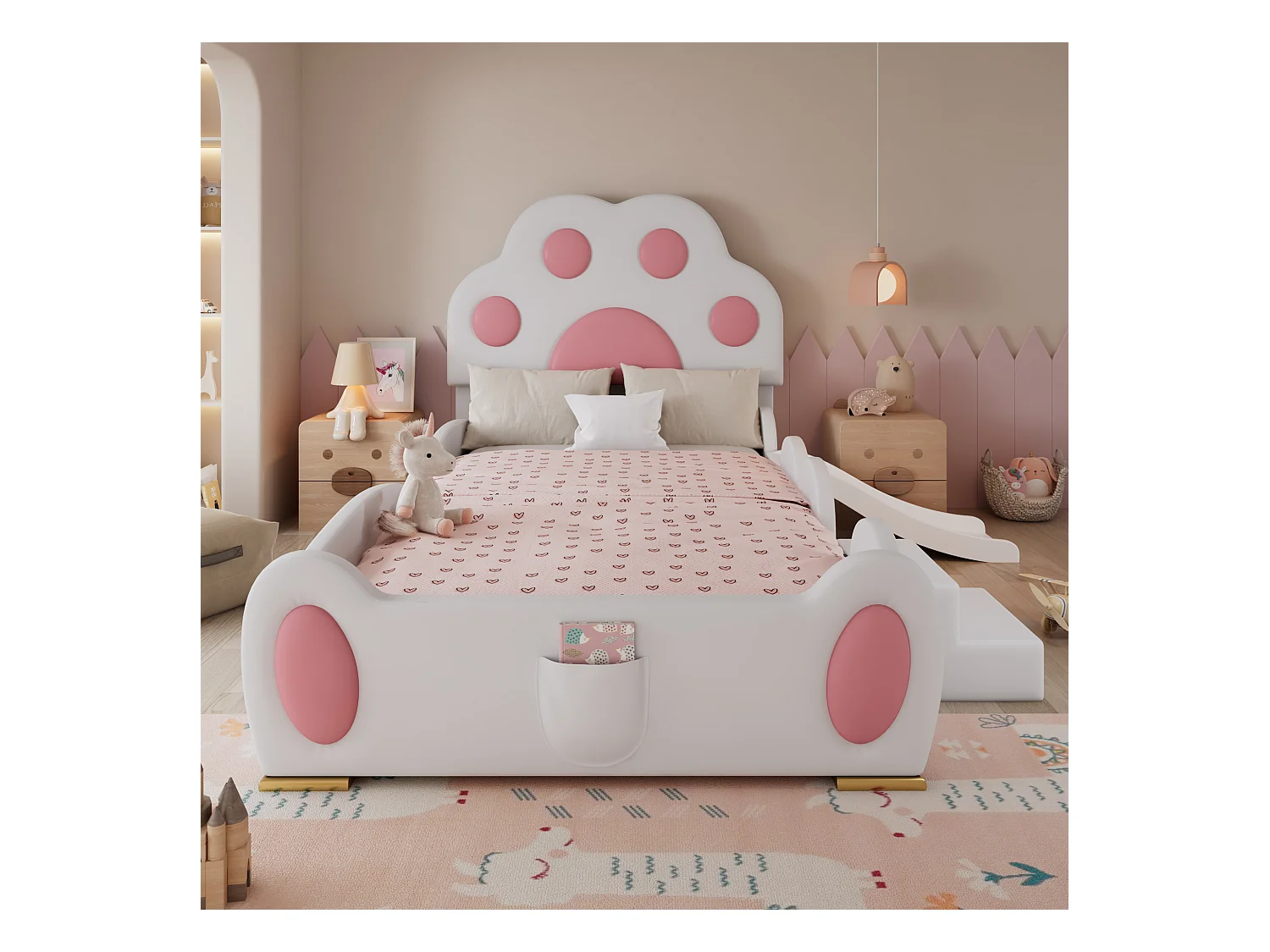 Kinderbed met kattenpoot hoofdbord, glijbaan en 2-traps ladder, PU, Wit en Roze (210x176x97 cm)