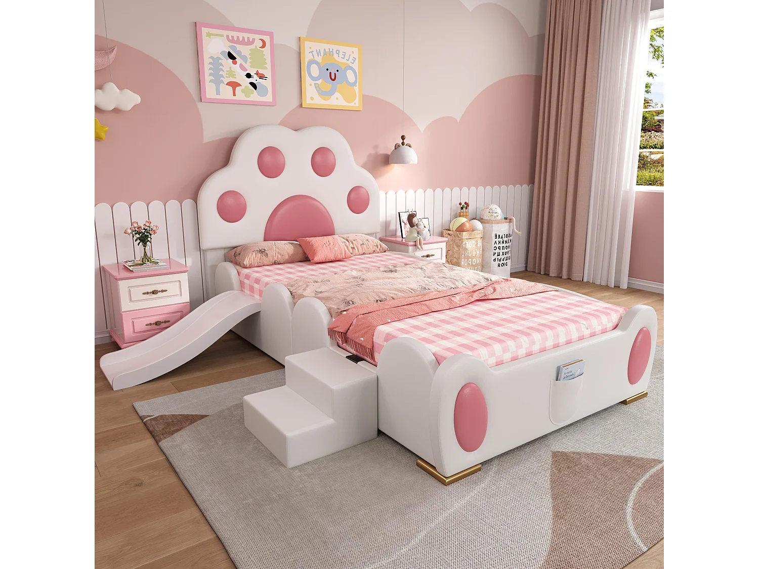 Kinderbed met kattenpoot hoofdbord, glijbaan en 2-traps ladder, PU, Wit en Roze (210x176x97 cm)