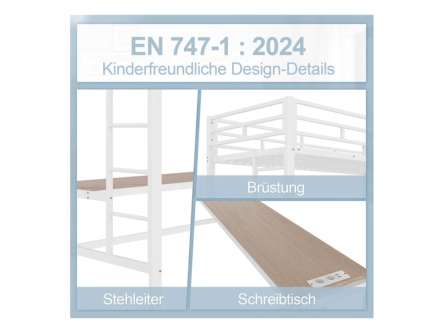 Lit mezzanine 90x200 cm avec garde-corps, échelle, bureau avec USB et prise, bande LED contrôlable, métal, blanc (204x94.5x183 cm)