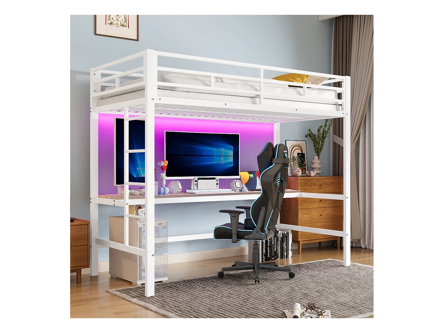 Lit mezzanine 90x200 cm avec garde-corps, échelle, bureau avec USB et prise, bande LED contrôlable, métal, blanc (204x94.5x183 cm)