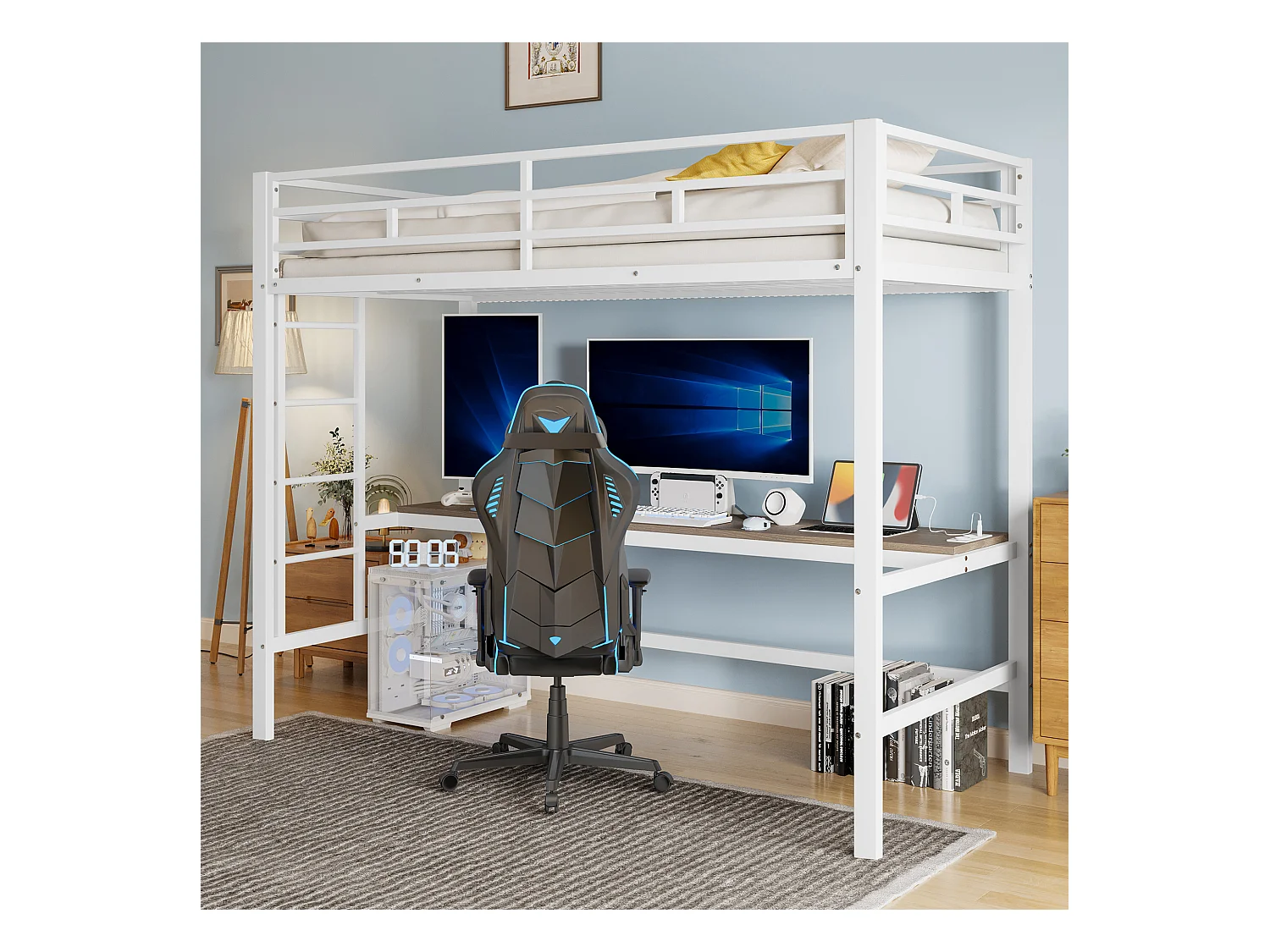 Lit mezzanine 90x200 cm avec garde-corps, échelle, bureau avec USB et prise, bande LED contrôlable, métal, blanc (204x94.5x183 cm)