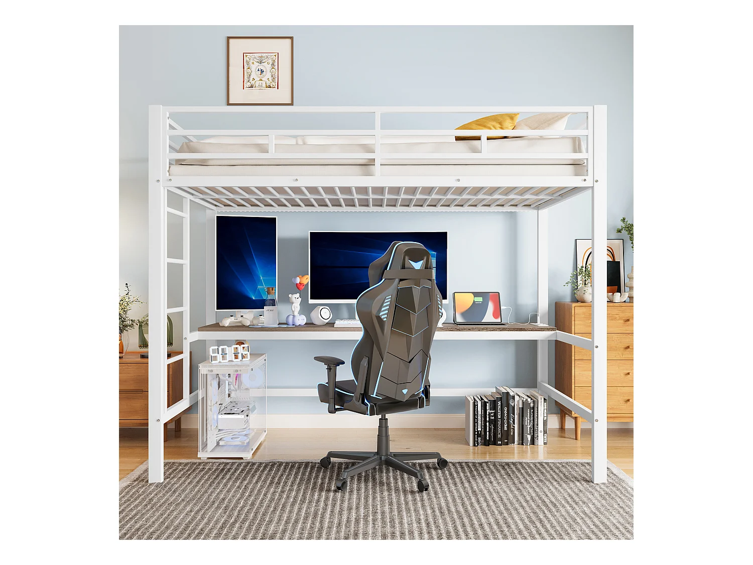 Lit mezzanine 90x200 cm avec garde-corps, échelle, bureau avec USB et prise, bande LED contrôlable, métal, blanc (204x94.5x183 cm)