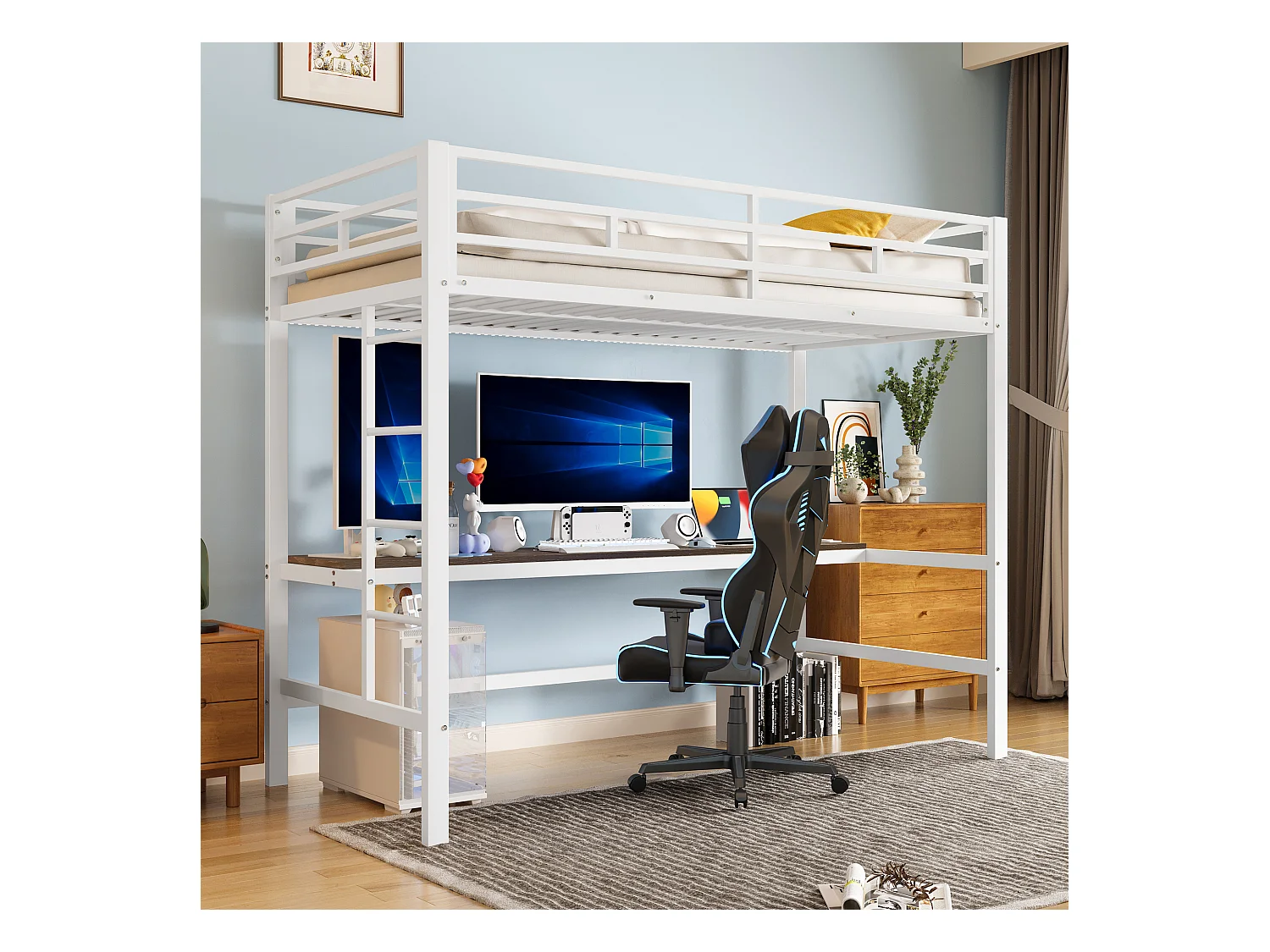 Lit mezzanine 90x200 cm avec garde-corps, échelle, bureau avec USB et prise, bande LED contrôlable, métal, blanc (204x94.5x183 cm)