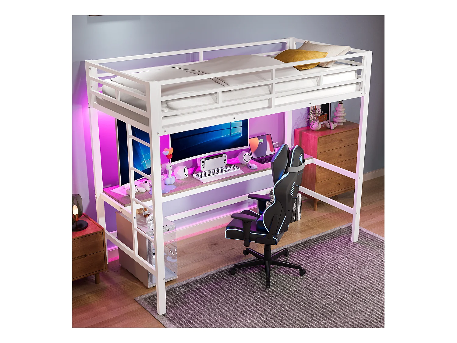 Lit mezzanine 90x200 cm avec garde-corps, échelle, bureau avec USB et prise, bande LED contrôlable, métal, blanc (204x94.5x183 cm)