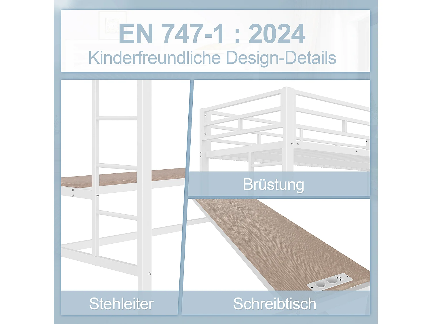 Lit mezzanine 90x200 cm avec garde-corps, échelle, bureau avec USB et prise, bande LED contrôlable, métal, blanc (204x94.5x183 cm)