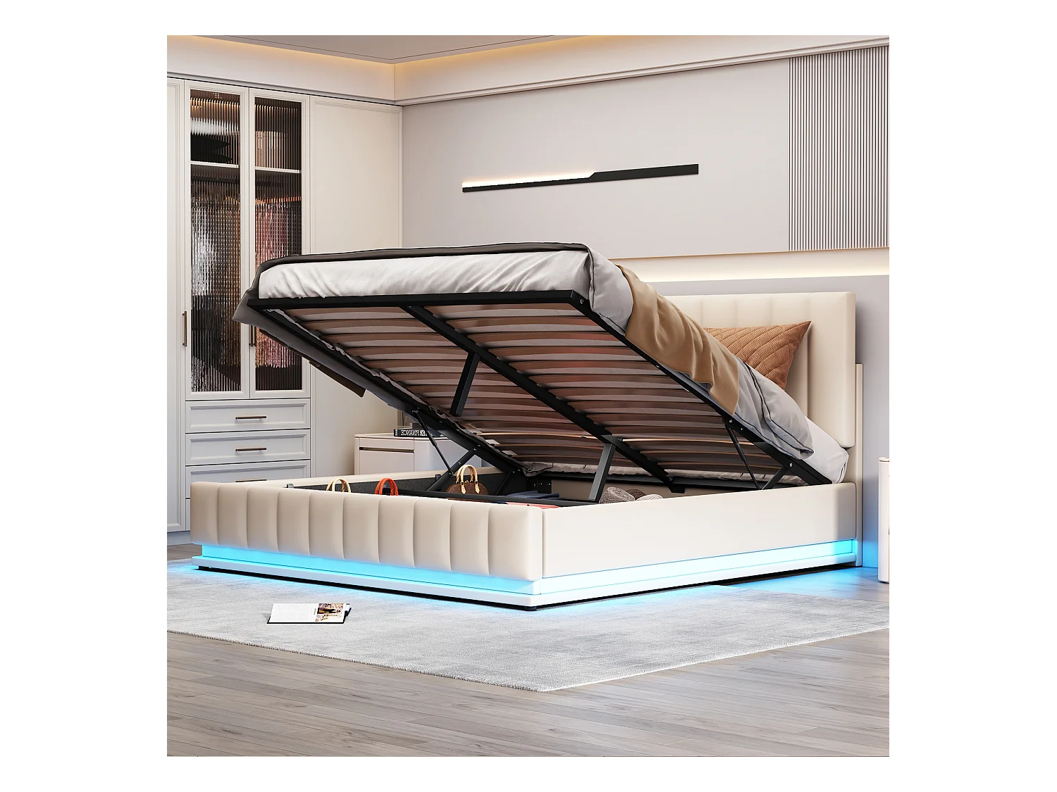 Lit 160 x 200 cm avec LED, Tête de Lit Réglable, Cadre Stable, Stockage Hydraulique, Cuir Synthétique, Blanc (202.5 x 162 x 101 cm)