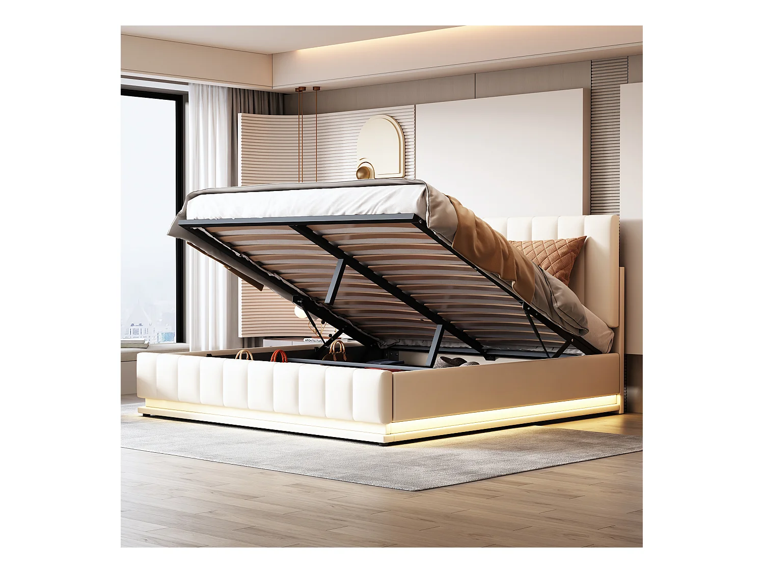 Lit 160 x 200 cm avec LED, Tête de Lit Réglable, Cadre Stable, Stockage Hydraulique, Cuir Synthétique, Blanc (202.5 x 162 x 101 cm)