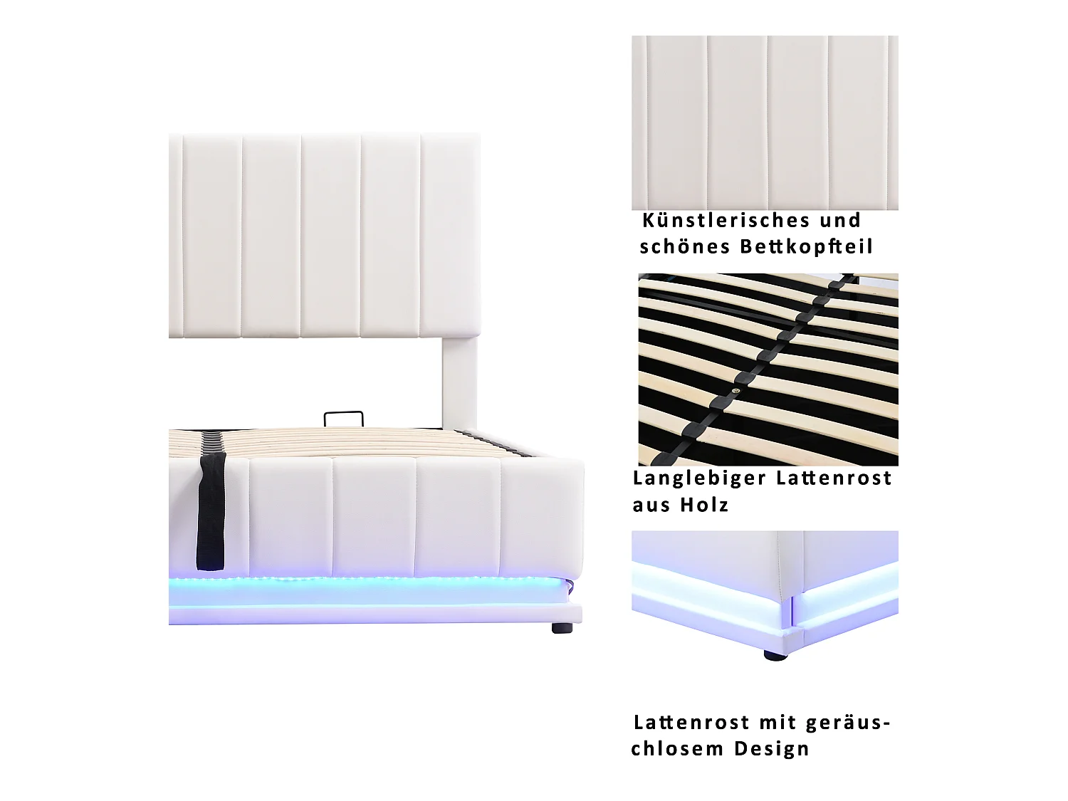 Lit 160 x 200 cm avec LED, Tête de Lit Réglable, Cadre Stable, Stockage Hydraulique, Cuir Synthétique, Blanc (202.5 x 162 x 101 cm)