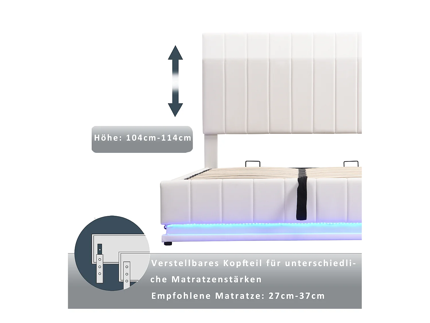 Lit 160 x 200 cm avec LED, Tête de Lit Réglable, Cadre Stable, Stockage Hydraulique, Cuir Synthétique, Blanc (202.5 x 162 x 101 cm)