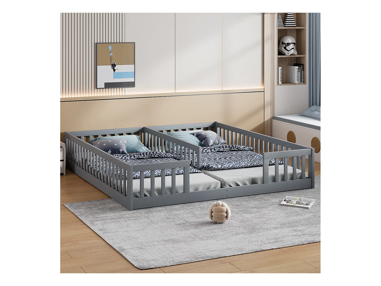 Lit panel 90 x 200 cm, lit enfant avec grille, sans sommier (sans matelas), pour familles avec 2 enfants, pin, style minimaliste, gris (204x187x40 cm)
