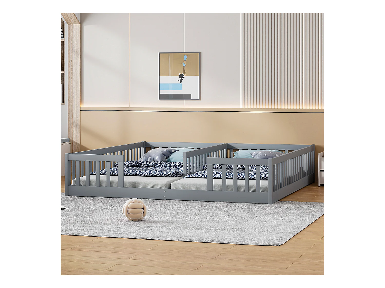 Lit panel 90 x 200 cm, lit enfant avec grille, sans sommier (sans matelas), pour familles avec 2 enfants, pin, style minimaliste, gris (204x187x40 cm)