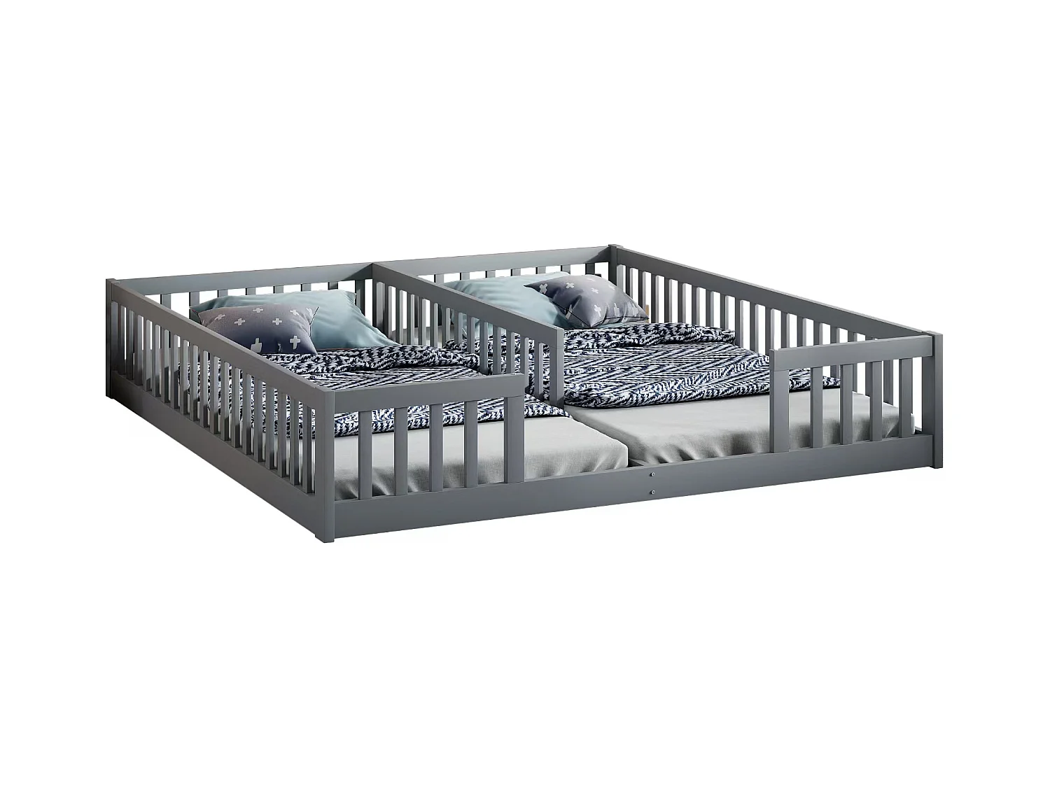 Lit panel 90 x 200 cm, lit enfant avec grille, sans sommier (sans matelas), pour familles avec 2 enfants, pin, style minimaliste, gris (204x187x40 cm)