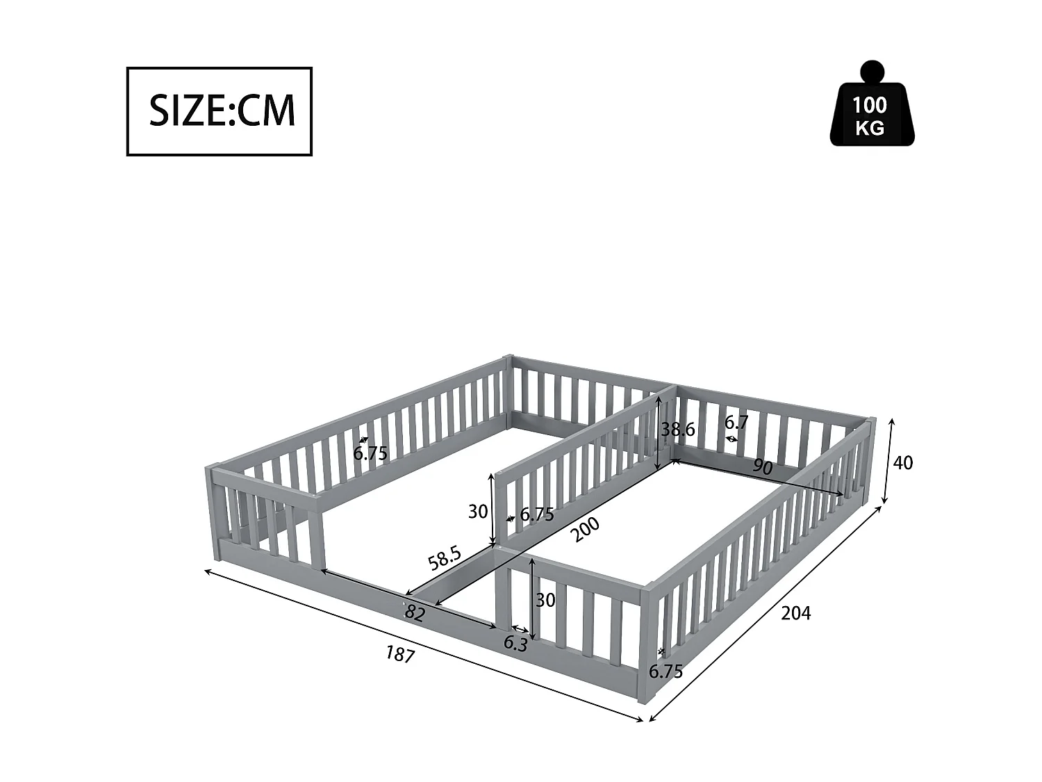 Lit panel 90 x 200 cm, lit enfant avec grille, sans sommier (sans matelas), pour familles avec 2 enfants, pin, style minimaliste, gris (204x187x40 cm)