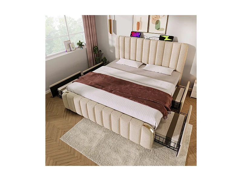 Lit double 180x200 cm avec tête de lit capitonnée, USB Type-C, 4 tiroirs, lin beige, capacité 226 kg (215x187x101 cm)