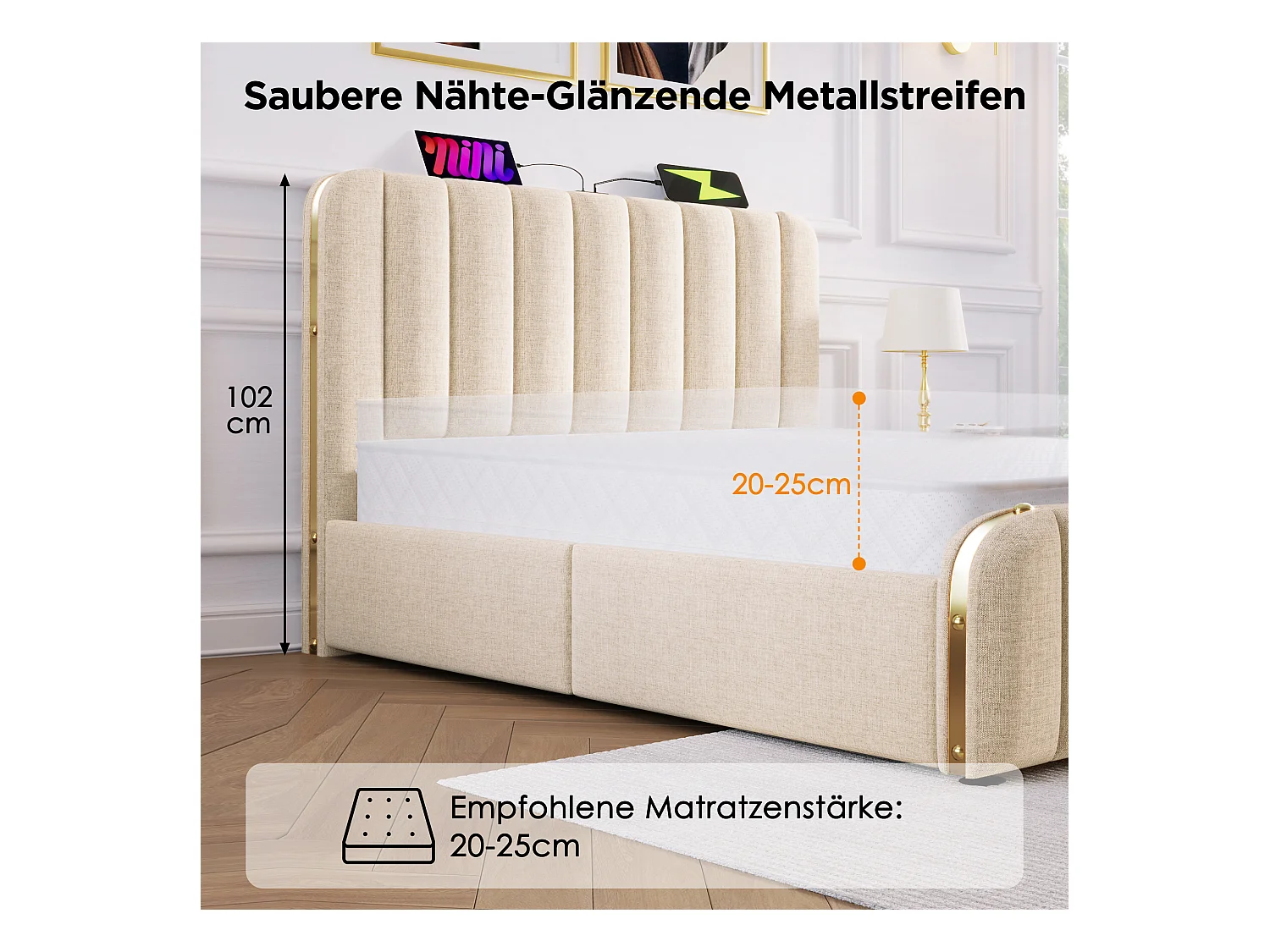 Lit double 180x200 cm avec tête de lit capitonnée, USB Type-C, 4 tiroirs, lin beige, capacité 226 kg (215x187x101 cm)