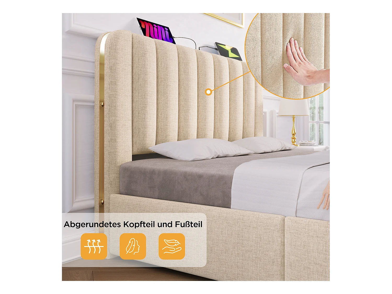 Lit double 180x200 cm avec tête de lit capitonnée, USB Type-C, 4 tiroirs, lin beige, capacité 226 kg (215x187x101 cm)