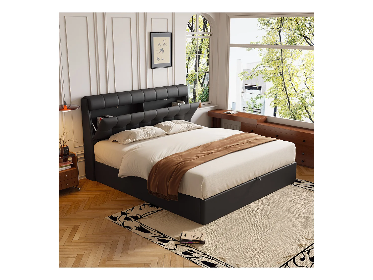 Cama hidráulica con almacenaje oculto, PU, color negro, con somier de láminas (197,5x30,5x19 cm)