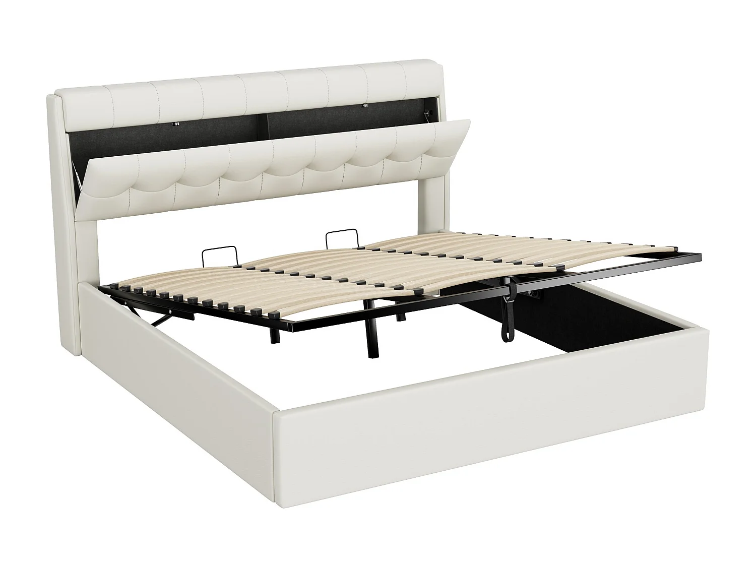 2-in-1 hydraulisch gestoffeerd bed met opbergruimte, PU, wit, met lattenbodem (189x31x19 cm)