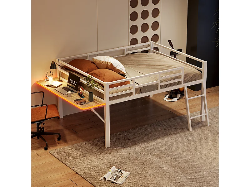 Lit plat, 140x200 cm, lit en métal avec bureau, sans matelas, garde-corps, échelle, bande LED télécommandée, blanc (244x144x100 cm)