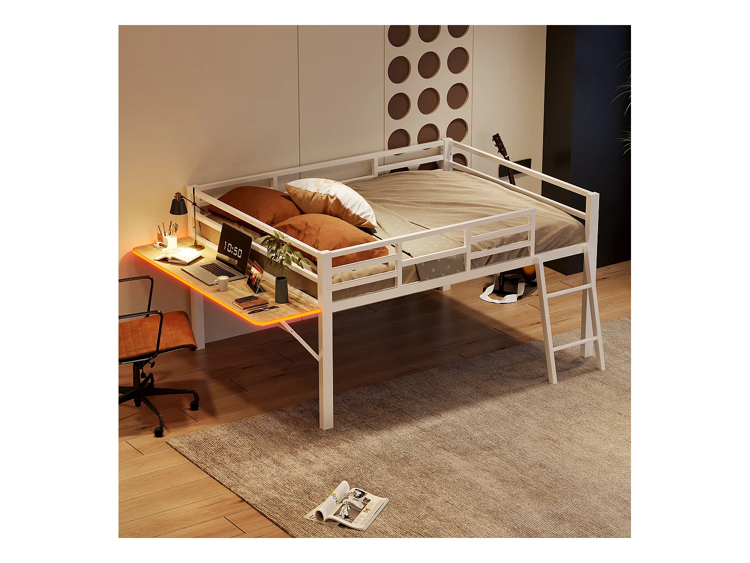 Lit plat, 140x200 cm, lit en métal avec bureau, sans matelas, garde-corps, échelle, bande LED télécommandée, blanc (244x144x100 cm)