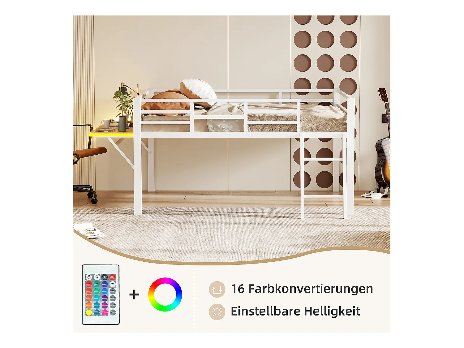 Lit plat, 140x200 cm, lit en métal avec bureau, sans matelas, garde-corps, échelle, bande LED télécommandée, blanc (244x144x100 cm)