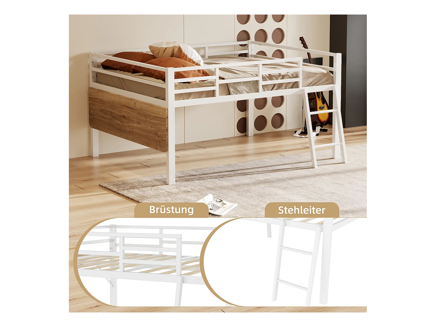 Lit plat, 140x200 cm, lit en métal avec bureau, sans matelas, garde-corps, échelle, bande LED télécommandée, blanc (244x144x100 cm)